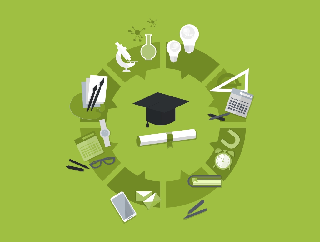 Grapic showing a graduation cap next to a diploma and surrounded by icons related to education